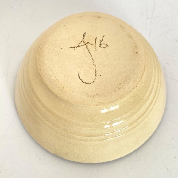 Handmade Stoneware Rice Bowl Signed AJ 16 With Black Tree Design Birds Beige - Picture 4 of 6